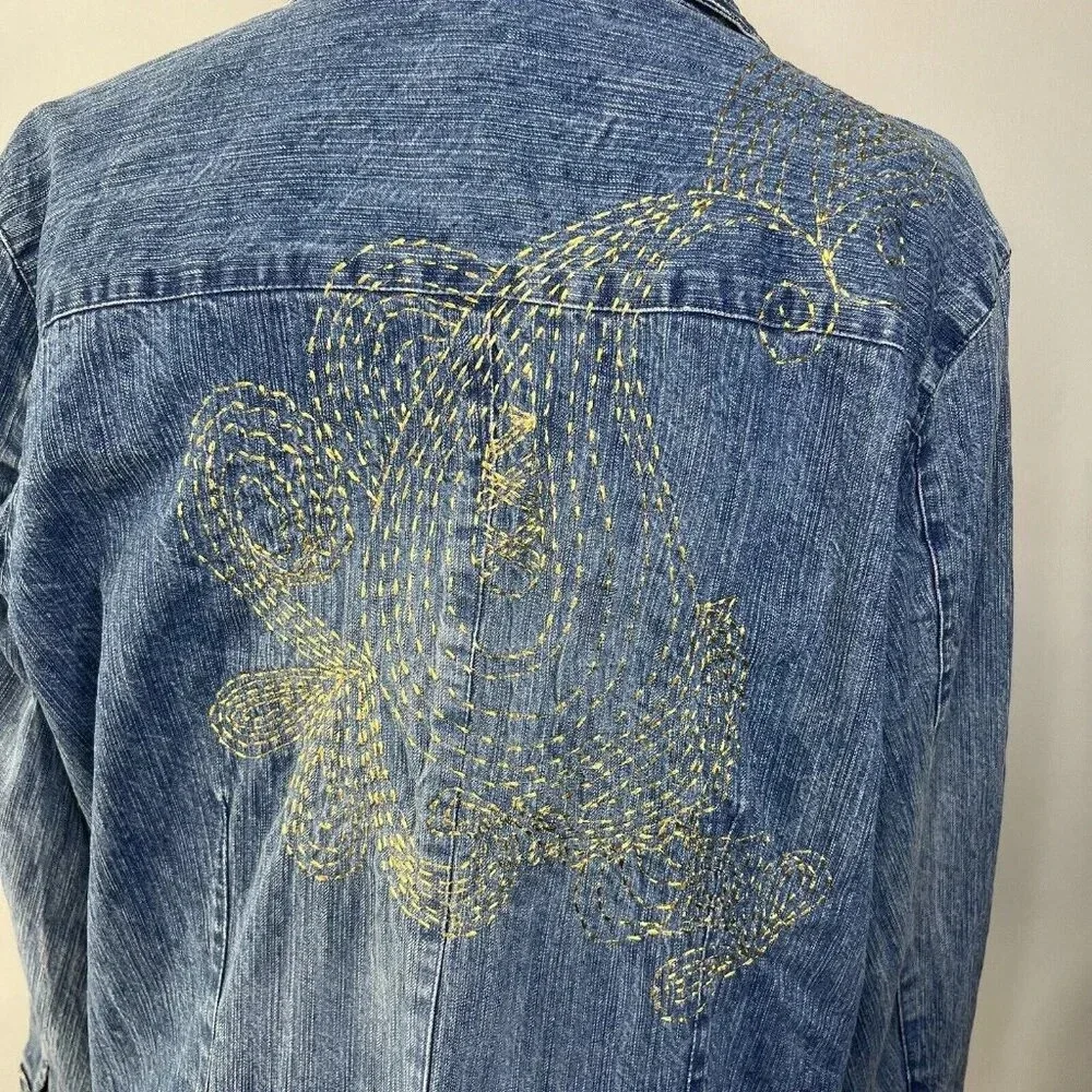Chicos Denim Jacket Embroidered Gold Paisley Vintage Sz M 90s
